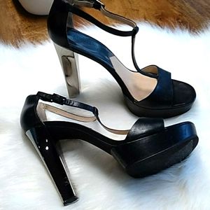 Michael Kors black leather platform metallic heels